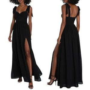 NWOT Lulus Radiant Charisma Black Tie Bow Strap Chiffon Maxi Gown Dress Size M